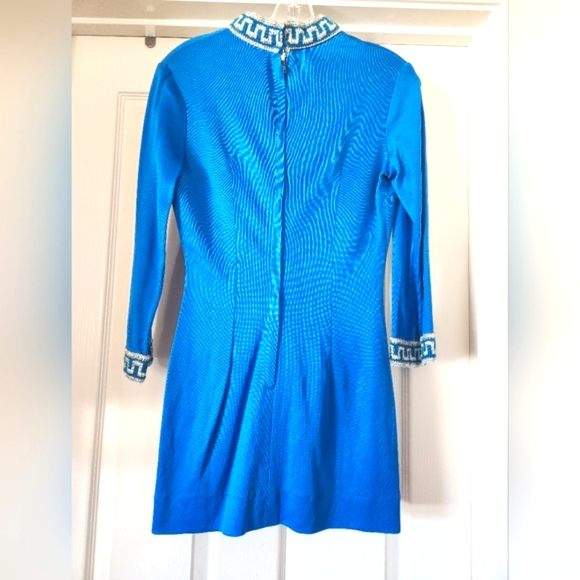 70s Twiggy MOD Zip Hi Neck Sparkly Greek Key Trim Star Trek Vin Mini Dress OO - Picture 10 of 16